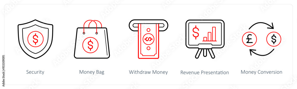 A set of 5 finance and money icons such as security, money bag, withdraw money A set of 5 finance and money icons such as security, money bag, withdraw money