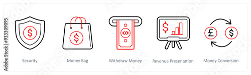 A set of 5 finance and money icons such as security, money bag, withdraw money