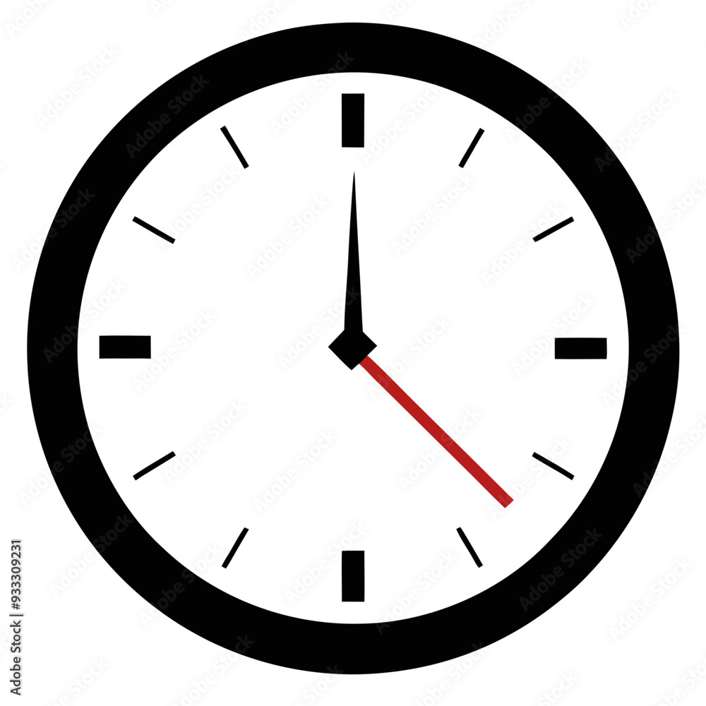 a simple analog clock with a black frame. The clock face is white with black hour and minute hands, and a red second hand. The hour hand is pointing at the 12, the minute hand is also pointing at the a simple analog clock with a black frame. The clock face is white with black hour and minute hands, and a red second hand. The hour hand is pointing at the 12, the minute hand is also pointing at the