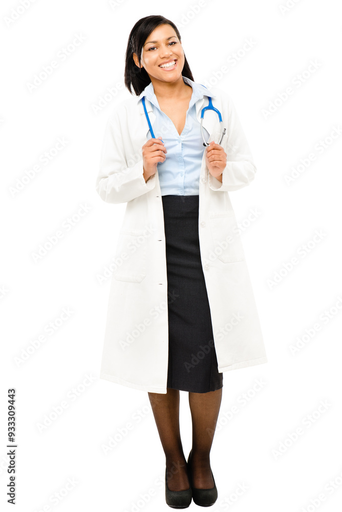Woman, doctor and happy in studio on portrait on white background with pride for career growth or opportunity. Female person, smile and confident with stethoscope for healthcare and medical service Woman, doctor and happy in studio on portrait on white background with pride for career growth or opportunity. Female person, smile and confident with stethoscope for healthcare and medical service