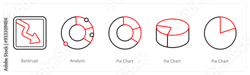 A set of 5 diagram and report icons such as bankrupt, analysis, pie chart
