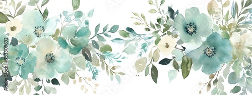 Pale Aqua and Laurel Green Floral Arrangement in Watercolor on a White Background