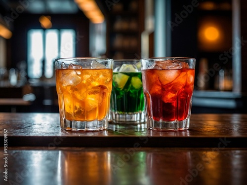 Three different types of drinks on a wooden bar table served in glasses with ice. Yellow, green and red fresh cocktails at lounge bar. Alcohol juice beverages photography illustration background.