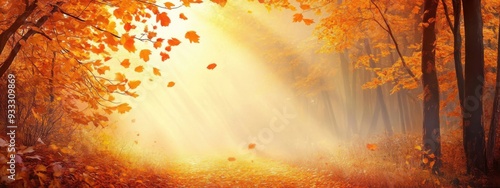 A serene autumn scene with a quiet forest path, soft light filtering through the colorful leaves, and a gentle breeze