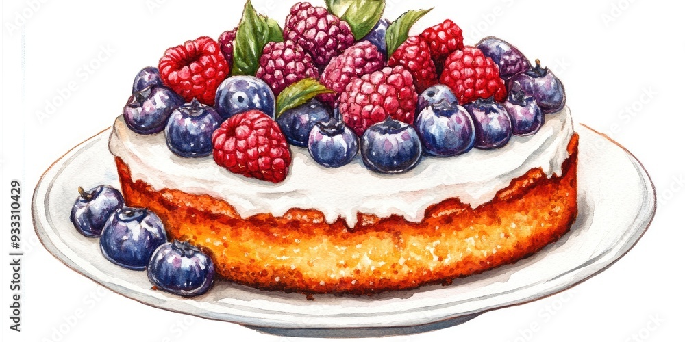 Illustration of a cake topped with berries on a plate set against a white background Hand drawn using watercolor and pencil techniques Illustration of a cake topped with berries on a plate set against a white background Hand drawn using watercolor and pencil techniques