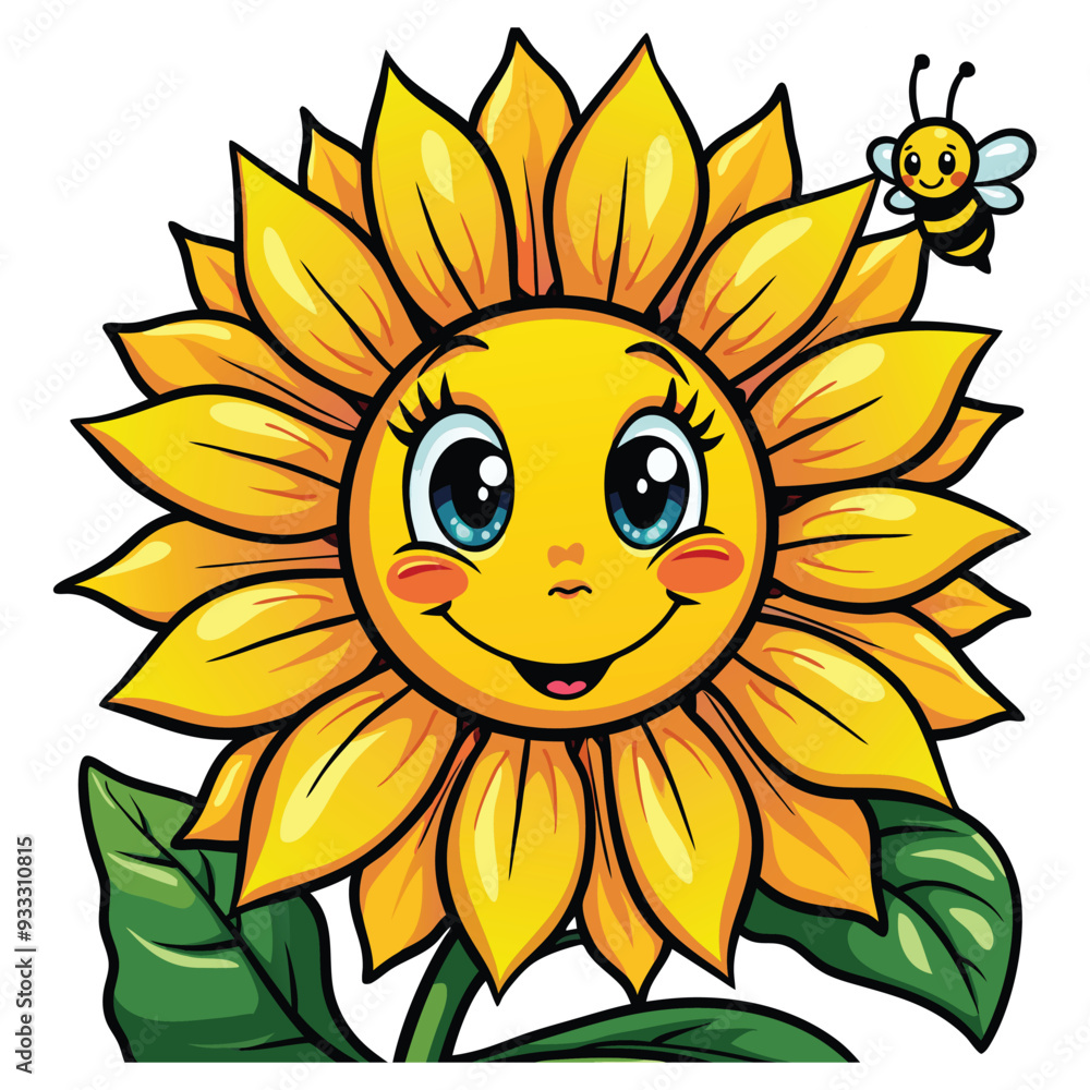 A large sunflower with a smiling face in the center and a friendly bee hovering nearby. A large sunflower with a smiling face in the center and a friendly bee hovering nearby.