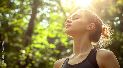 Close-up of a young woman in athletic clothes soaking in the sun while standing in a park on a summer day, her eyes closed and face turned upward. High-detail 4K portrait of her joyful outdoor yoga or