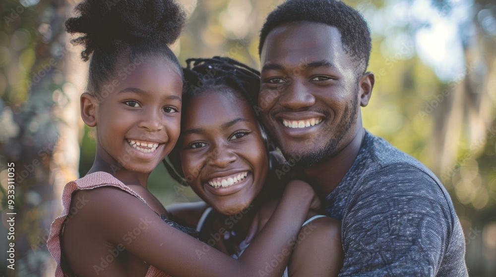 Fototapeta premium A man hugs two young girls, showing affection and care