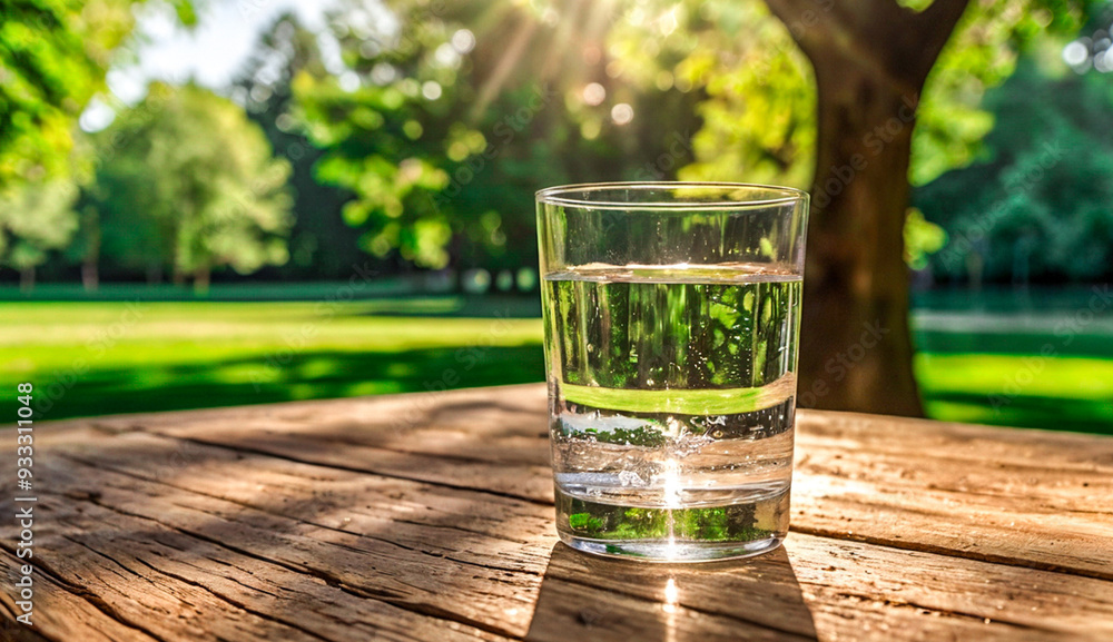 A glass of water sits on a wooden table, bathed in warm sunlight, with a lush green garden in the background, symbolizing freshness and natural hydration. A glass of water sits on a wooden table, bathed in warm sunlight, with a lush green garden in the background, symbolizing freshness and natural hydration.