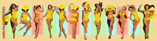 Vector illustration different beautiful young slim tanned girls models in yellow swimsuits sunbathing on the beach on colorful mats or towels. Elements isolated. Top view. Summer holidays.