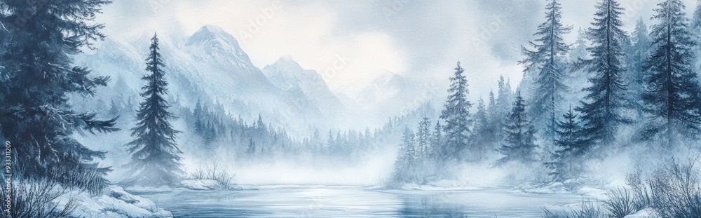 Misty winter forest scene with a river and mountains Watercolor illustration in an Eastern art style Misty winter forest scene with a river and mountains Watercolor illustration in an Eastern art style