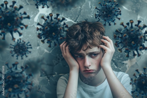 Teen shows anxiety while facing unseen digital threats online. Distressed white teen navigates digital dangers feeling uncertain. Teen's fear signifies larger issue of digital safety and awareness. photo