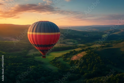 Hot Air Balloon Flying Over Lush Green Hills at Sunset - Landscape Photography photo