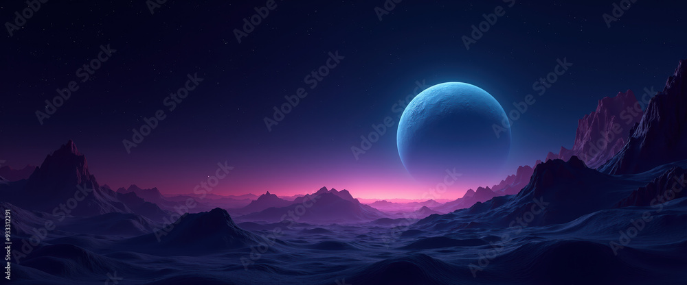 Surreal Landscape with Alien Planet, Blue Moonlight and Starry Sky - Futuristic Sci Fi Background Surreal Landscape with Alien Planet, Blue Moonlight and Starry Sky - Futuristic Sci Fi Background