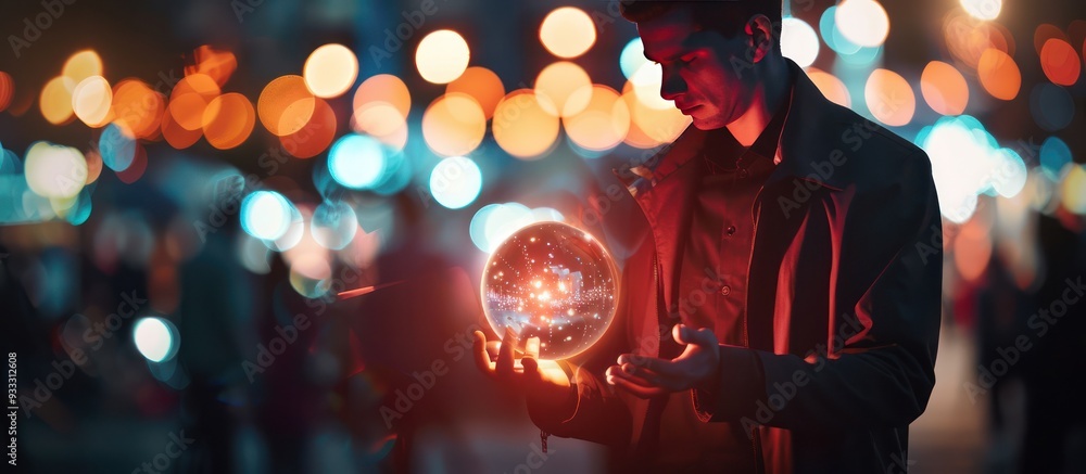 Man with glowing crystal ball, business crowd at night, bokeh lights, AI tech concept, standout in business, photography contest winner. Man with glowing crystal ball, business crowd at night, bokeh lights, AI tech concept, standout in business, photography contest winner.