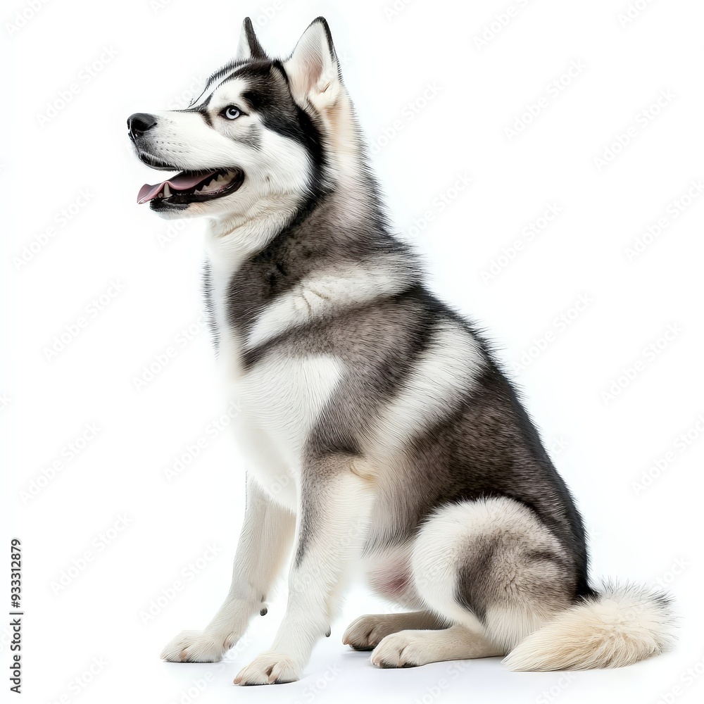 A dog with a blue eye sits on a white background A dog with a blue eye sits on a white background