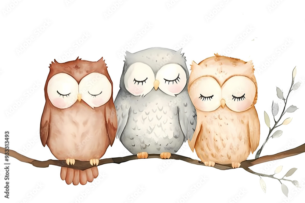Fototapeta premium Watercolor illustration of three adorable owls sitting on branches, accompanied by some greenery. The cute owls have closed eyes, a transparent background.