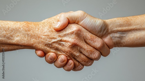 A close-up of two hands shaking, representing connection and mutual understanding between different generations.