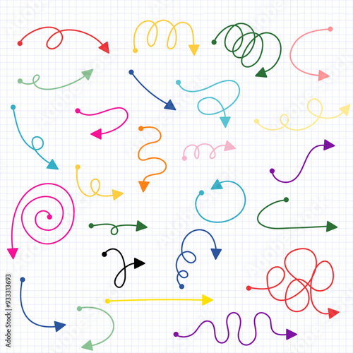 Set of colored doodle arrows and lines. Straight or curly line . Different shapes. Show something.