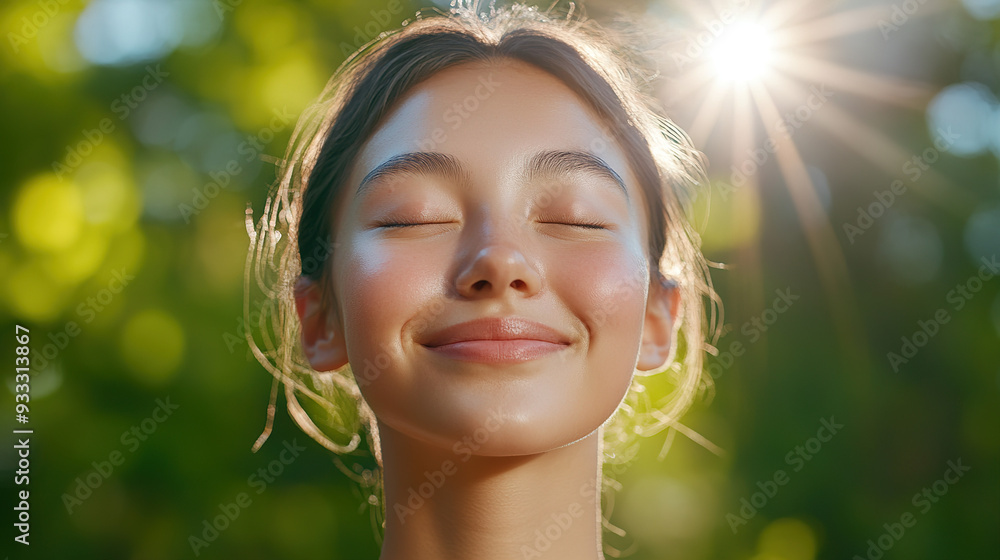 Young female in athletic wear savoring the summer sun in a park, eyes closed and face towards the sky. A vivid 4K close-up image capturing the peacefulness of outdoor exercise, whether yoga or running Young female in athletic wear savoring the summer sun in a park, eyes closed and face towards the sky. A vivid 4K close-up image capturing the peacefulness of outdoor exercise, whether yoga or running