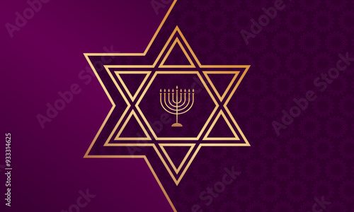 Golden candlestick in the middle of David's star on purple background. Festive design for greeting card or poster for Jewish celebration Hanukkah.