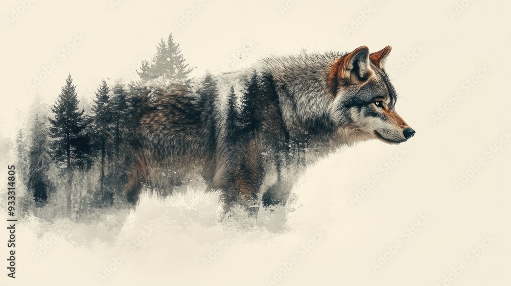 Obraz premium Wolf in a Forest: A Double Exposure Art