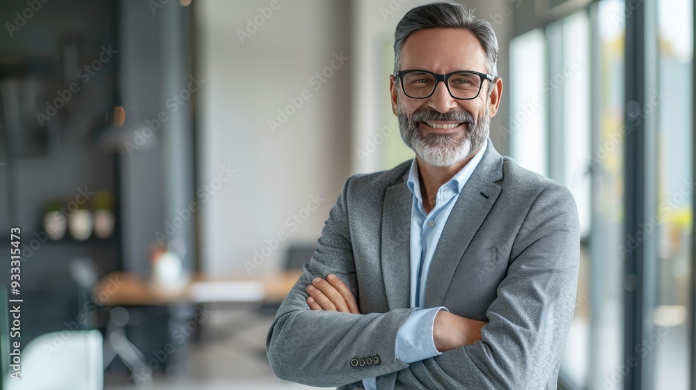 Mature businessman with arms crossed, smiling at the camera in a contemporary office, realistic style. Mature businessman with arms crossed, smiling at the camera in a contemporary office, realistic style.