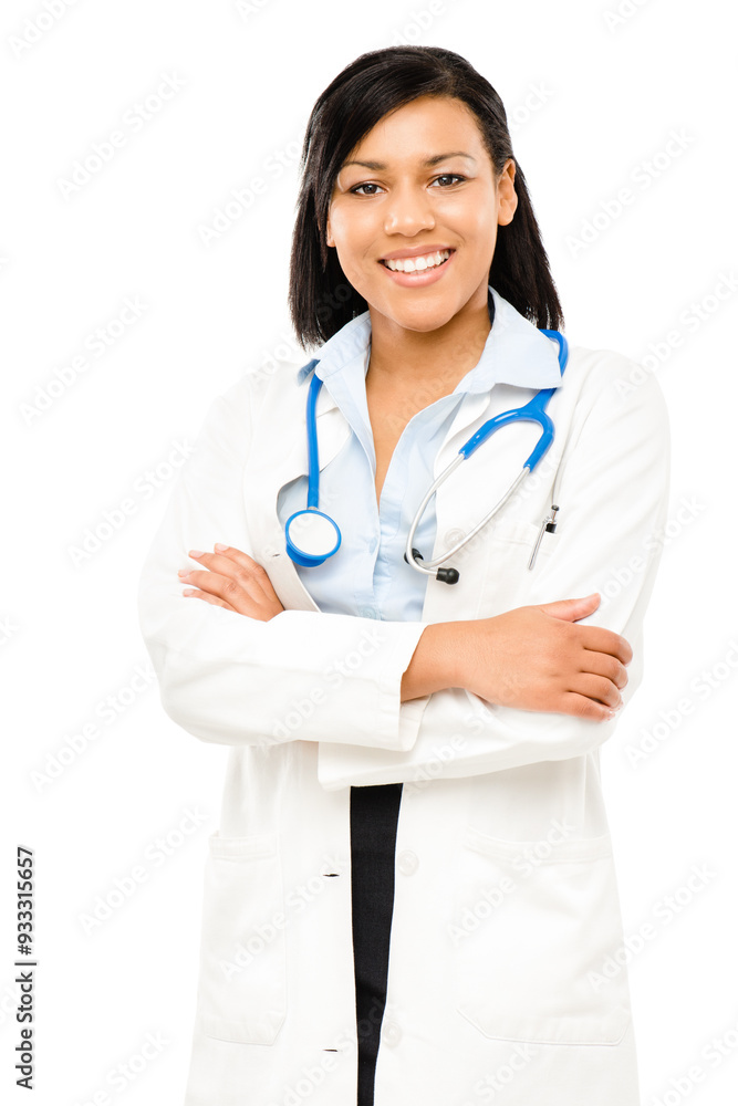 Woman, doctor and smile in studio with arms crossed on white background with pride for career growth. Female person, smile and confident with stethoscope for healthcare or medical service on portrait Woman, doctor and smile in studio with arms crossed on white background with pride for career growth. Female person, smile and confident with stethoscope for healthcare or medical service on portrait