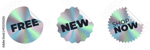Holographic glued stickers with text. Round metallic label. Vector mesh shapes