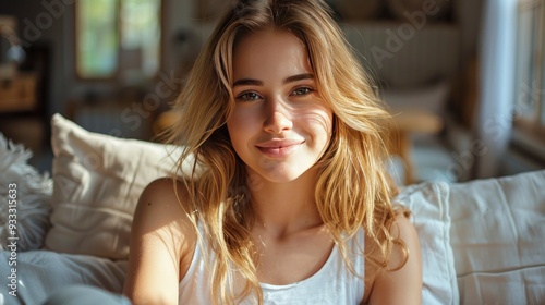 Young woman relaxing on a sofa in a cozy living room with plants and rustic walls during daylight