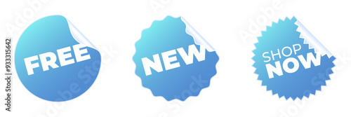 Blue glued stickers with text. Round paper labels. 