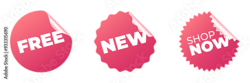 Pink glued stickers with text. Round paper labels. 