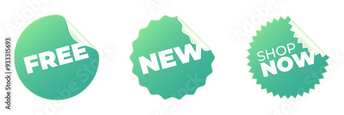 Green glued stickers with text. Round paper labels. 