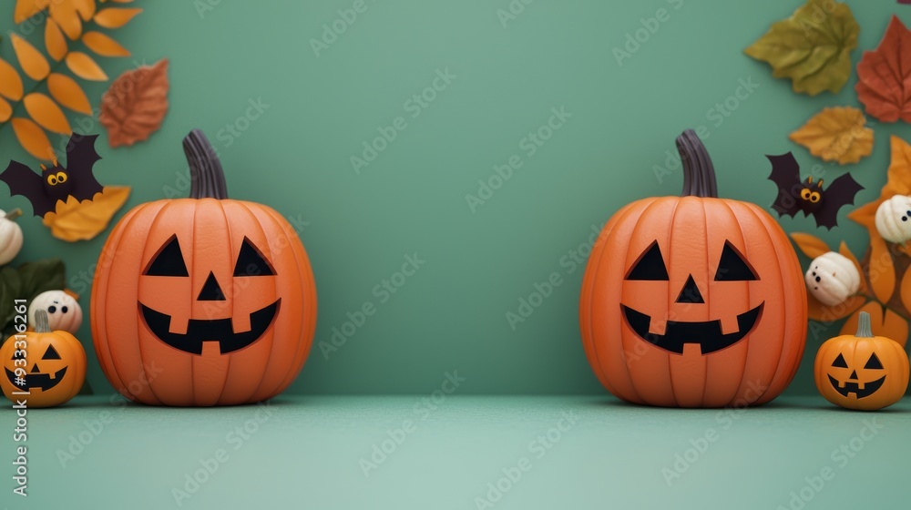 Whimsical Pumpkin Halloween Decorations with Friendly Spirits in Cartoon Style - Festive Holiday Concept with Copy Space, Selective Focus - Whimsical Pumpkin Halloween Decorations with Friendly Spirits in Cartoon Style - Festive Holiday Concept with Copy Space, Selective Focus -