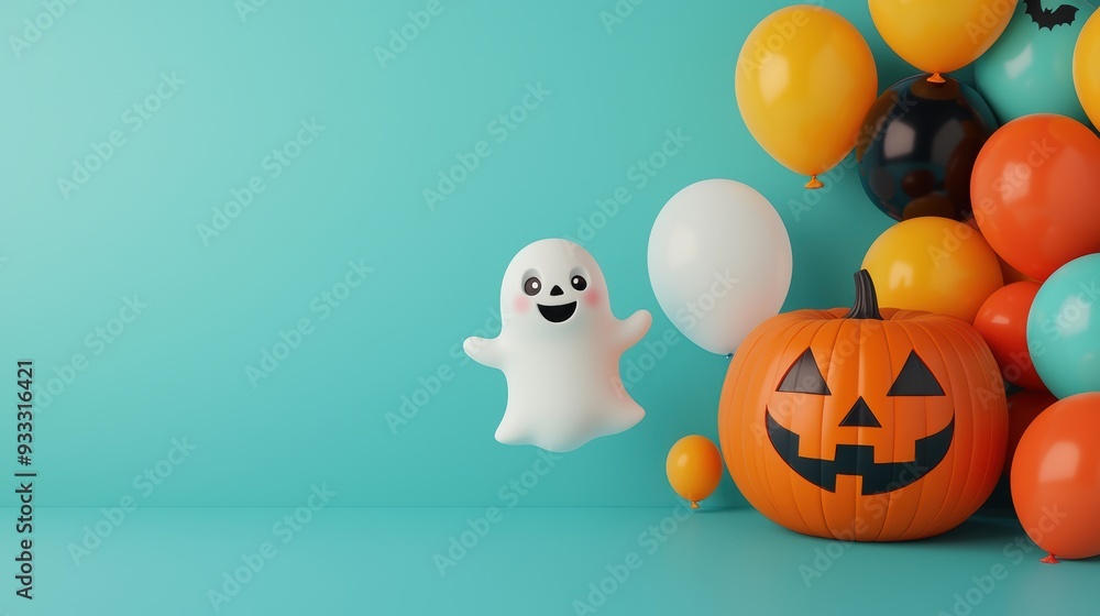 Spooky Halloween Fun with Cartoon Pumpkin and Ghost Playing Among Colorful Balloons, Copy Space for Text in Ultra HD Quality Spooky Halloween Fun with Cartoon Pumpkin and Ghost Playing Among Colorful Balloons, Copy Space for Text in Ultra HD Quality