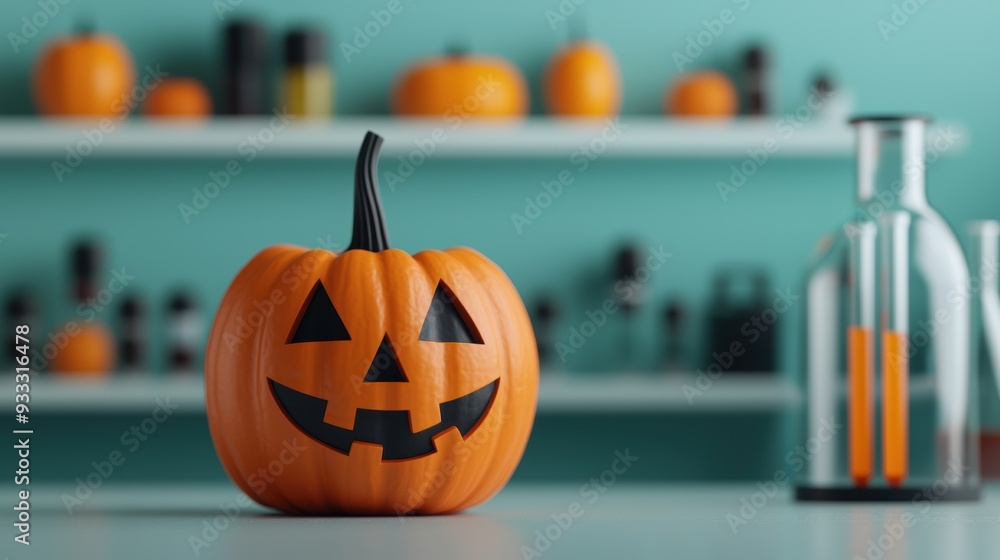 Fun Halloween Experiments: Pumpkin in Spooky Science Lab Cartoon with Copy Space, Fun Halloween Experiments: Pumpkin in Spooky Science Lab Cartoon with Copy Space,