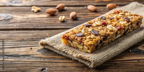 Granola bar displayed on a rustic wooden background, granola bar, snack, healthy, breakfast, oats, nuts, seeds, food