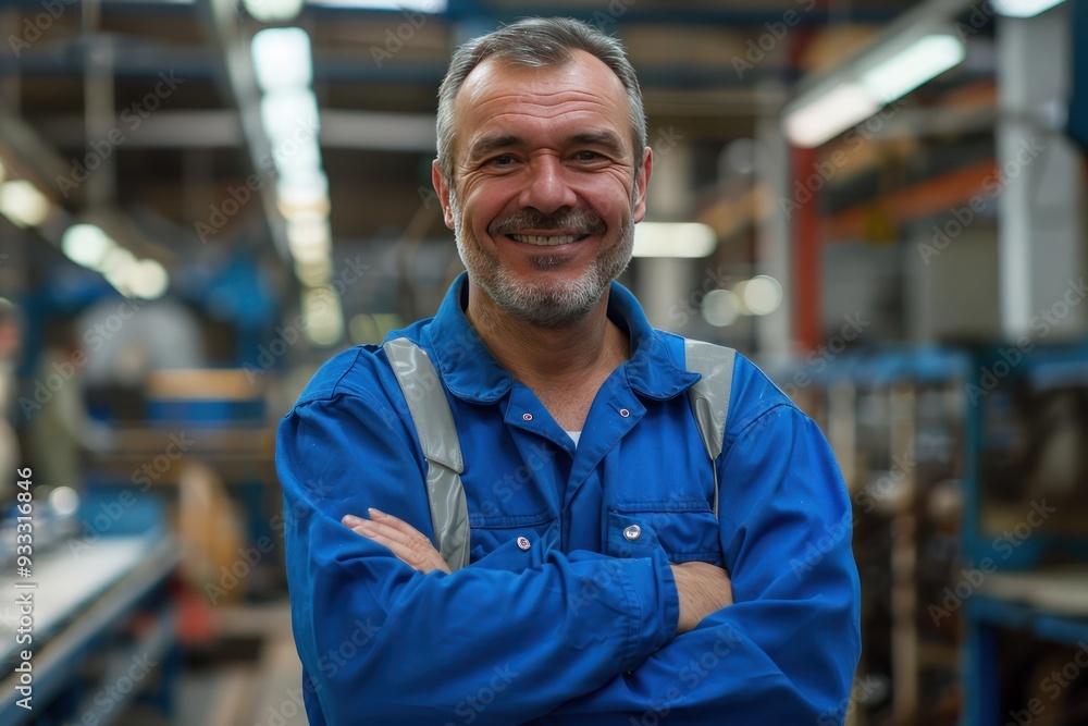 Middle-aged worker, blue workwear, smiling, arms crossed, production line background, photorealism style. Middle-aged worker, blue workwear, smiling, arms crossed, production line background, photorealism style.
