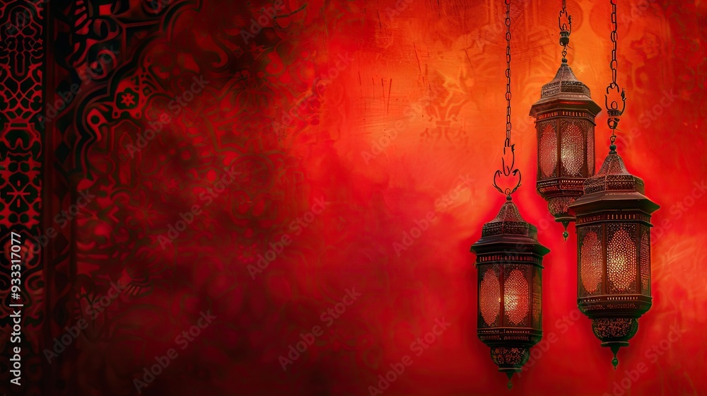 Three hanging lanterns against red background Three hanging lanterns against red background