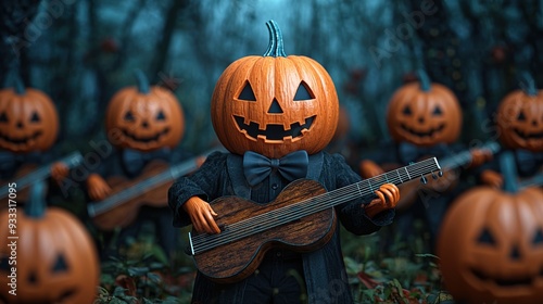 Spooky 3D Cartoon Pumpkins Playing Instruments in Haunted Forest - Halloween Theme with Copy Space, Selective Focus, Ultra HD