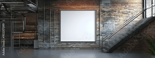 Dramatic industrial loft mockup with a white background frame,exposed brick walls,metal and glass accents,and high-contrast chiaroscuro lighting,showcasing a modern,minimalist.