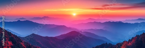 Mountain Landscape Illustration with Sunset and Fog