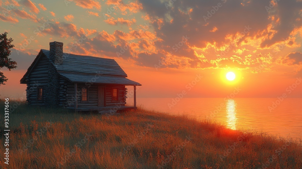 A serene cabin by the lake at sunset, surrounded by nature. A serene cabin by the lake at sunset, surrounded by nature.