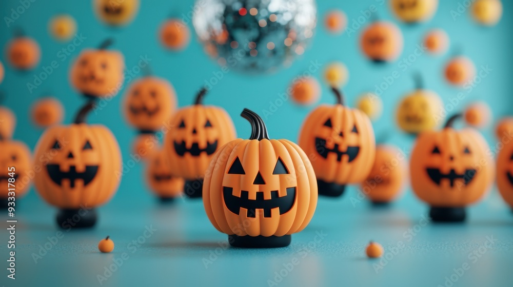 Spooky Cartoon Pumpkins Dancing at Halloween Party with Disco Ball - Spooky Cartoon Pumpkins Dancing at Halloween Party with Disco Ball -