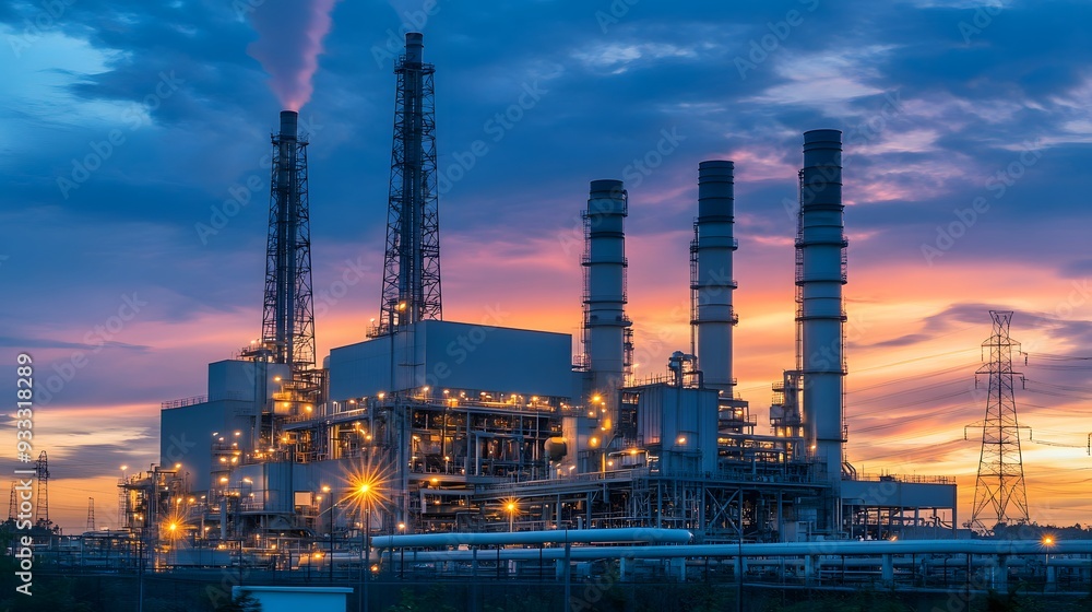 A large industrial plant with many pipes and tanks. The sun is setting in the background. Scene is industrial and somewhat ominous