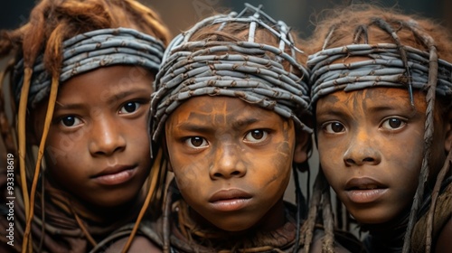 Yanomami tribe members in traditional attire with unique headdresses and body art photo