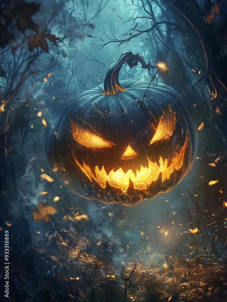 Naklejka premium Jack-O'-Lantern Floating in Dark Enchanted Forest