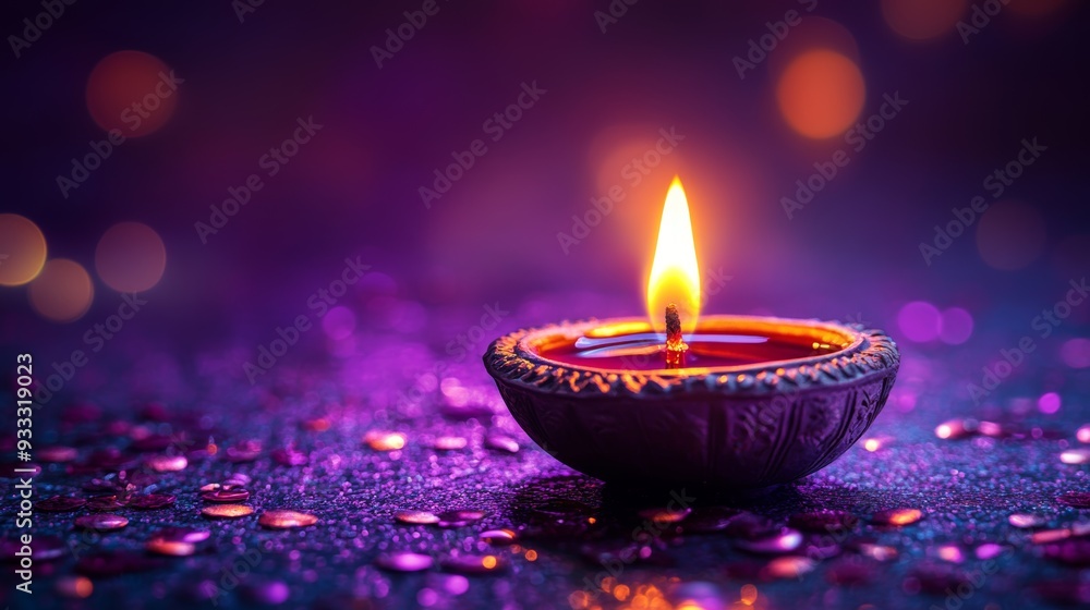 An oil lamp burns brightly against a vibrant purple backdrop, creating a festive atmosphere for Diwali An oil lamp burns brightly against a vibrant purple backdrop, creating a festive atmosphere for Diwali