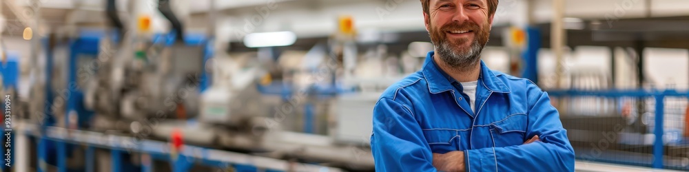 Middle-aged worker in blue workwear, smiling with arms crossed, production line background, photorealism. Middle-aged worker in blue workwear, smiling with arms crossed, production line background, photorealism.