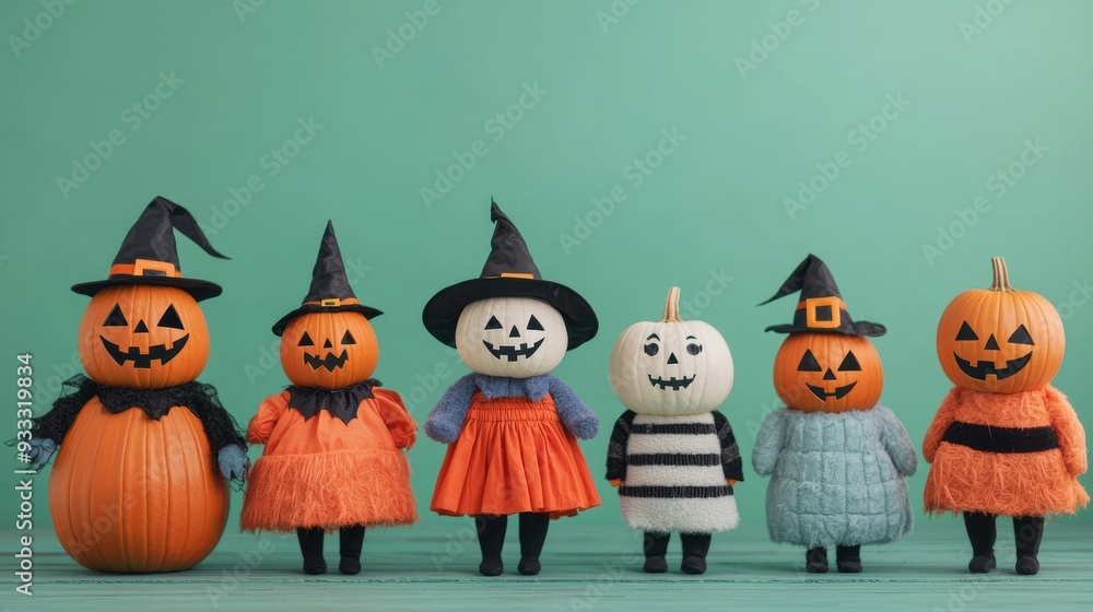 Obraz premium Halloween Pumpkin Costume Parade with Selective Focus on Characters - Ultra HD Copy Space for Text